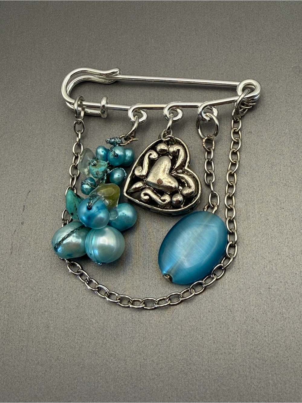 Silver-Tone Heart With Blue Dangle Cluster Charm Safety Pin Brooch